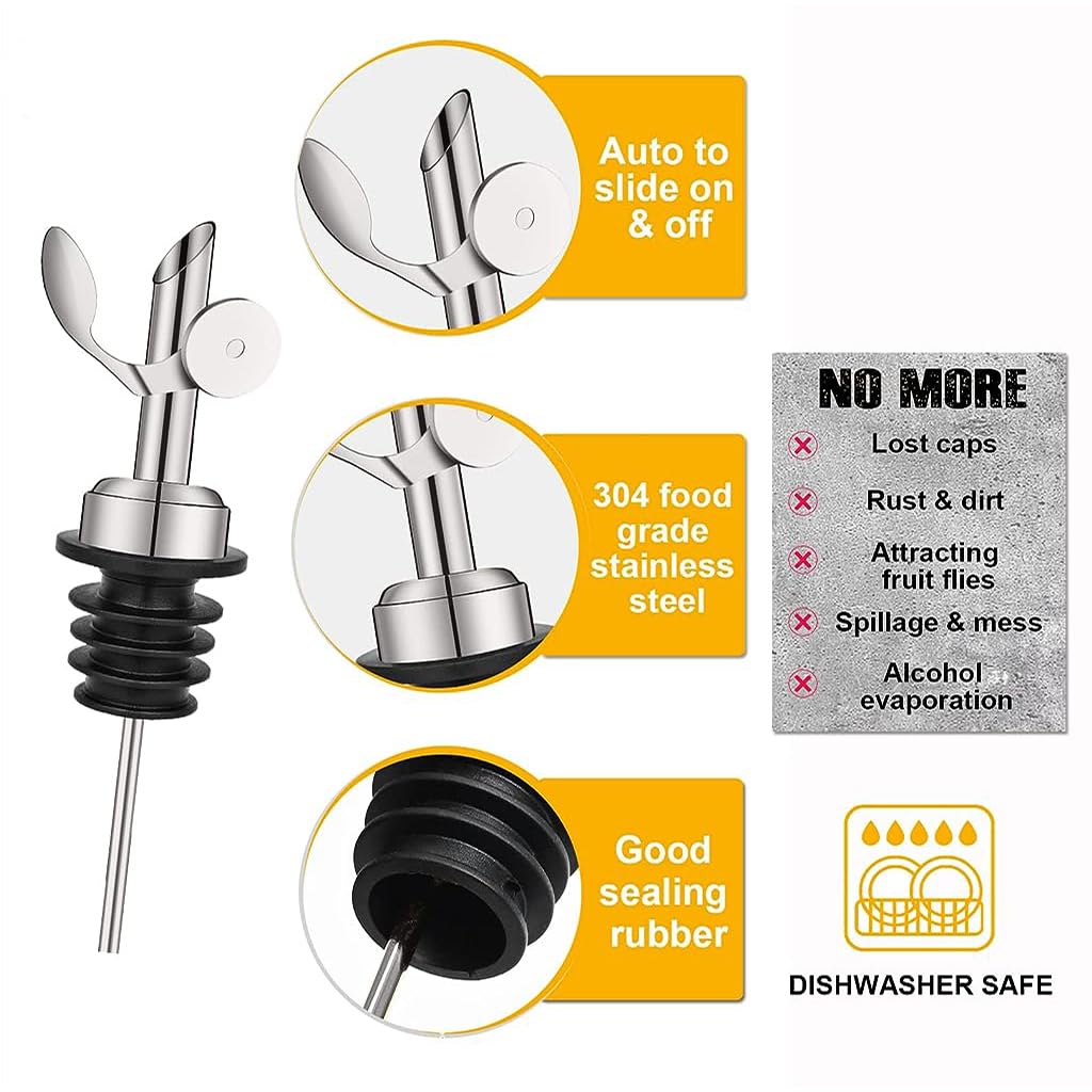 HASTHIP Oil Dispenser Spout Set for Olive Oil and Vinegar with Auto Closing Lid | 2pcs Stainless Steel Leakproof Pourer