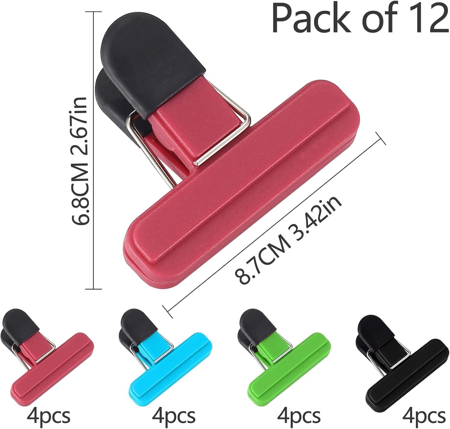 Zibuyu Food Bag Clips Set for Kitchen and Office with 12 3in Clips featuring Spring Seal | Colorful Anti Slip Rubber Handles