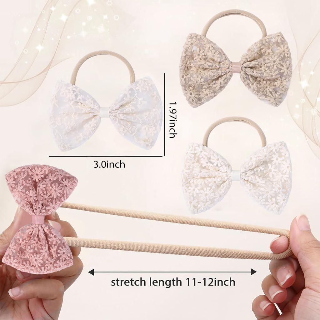 PALAY Hair Bands for Baby Girls with Embroidered Daisy Bows in Soft Stretchy Nylon | 4pcs Gift Set