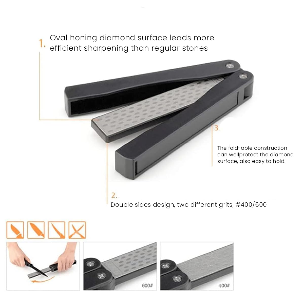 HASTHIP® Knife Sharpener for Kitchen, 400/600 Grit Portable Handheld Double Sided Knife Sharpener Tool, Pocket Diamond Knife Sharpening Stone for Kitchen, Garden, Outdoor Tools Fine/Coarse Grinding