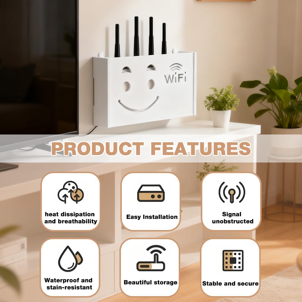 Supvox Wall Mount Storage Box for Router and Modem with PVC Cabinet Shelf in White | Space-Saving TV Accessory