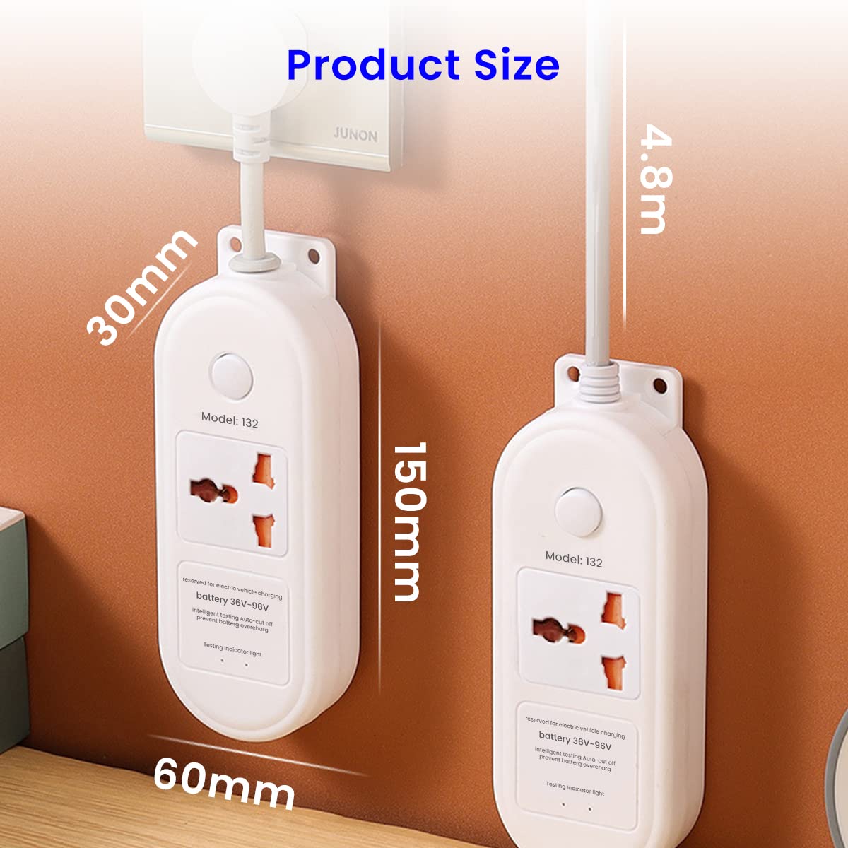 ZORBES Extension Board with 4.8m Cable for Electric Bikes and Scooters featuring Smart Auto Off | Surge Protected and Flame Retardant Design