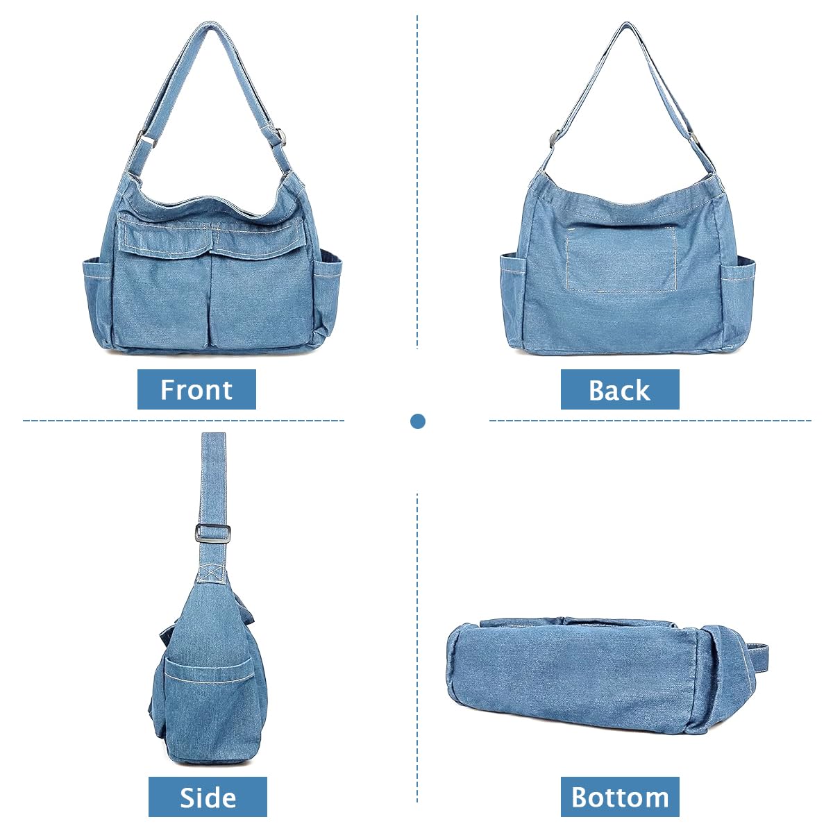 PALAY® Canvas Shoulder Bags For Women, Large Capacity Solid Soft Denim Leisure Travel Bag Multiple Pockets Denim Crossbody Bag Denim Bags