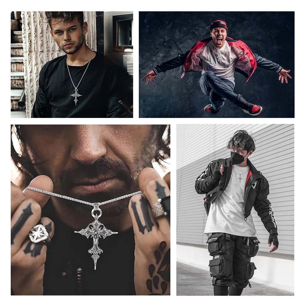 SANNIDHI Vintage Gothic Cross Skull Pendant Necklace featuring Flame Design for Men and Women | Stainless Steel Punk Jewelry Gift