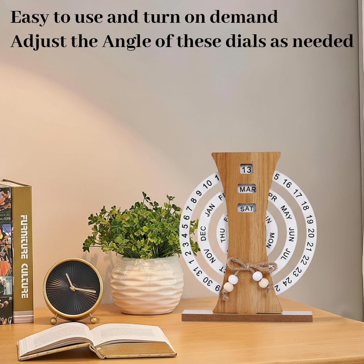 OFIFO Wooden Perpetual Calendar for Desk with Rotating Ferris Wheel Design | Rustic Home Decor