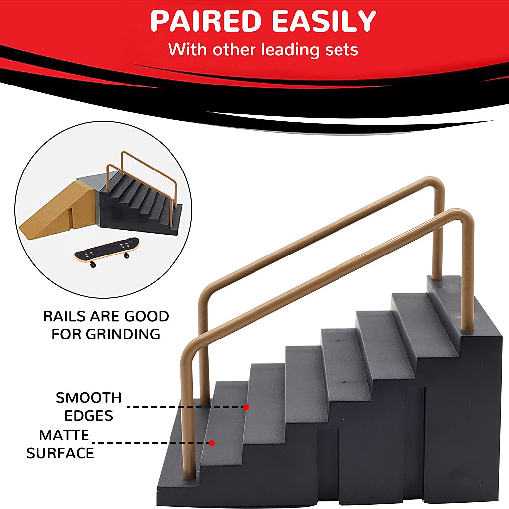 PATPAT Fingerboard Rail Park Stair Kit for Tabletop Tricks with Handrails and Mini Skateboard | 5.6x5.6x2.76 in Black Toy for Kids 9+