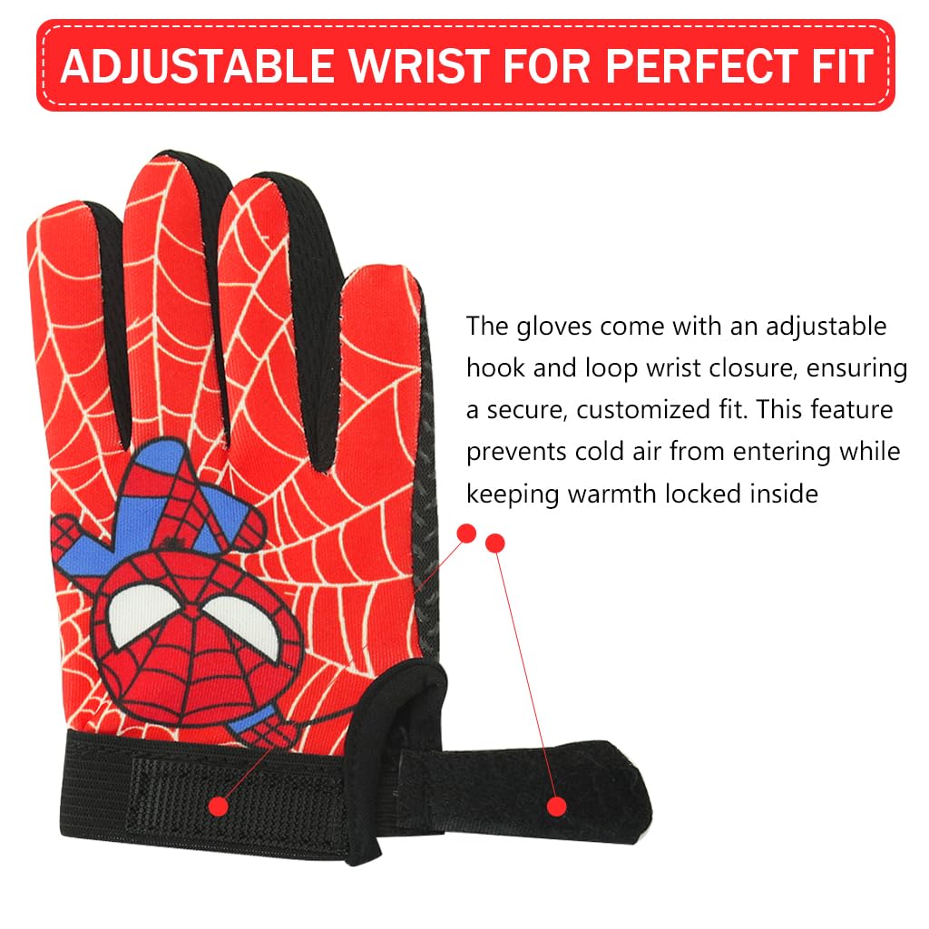 PROBEROS Kids Riding Gloves for Cycling with Anti Slip Palm and Adjustable Wrist | Red Cartoon Print Cotton for Ages 2 to 5