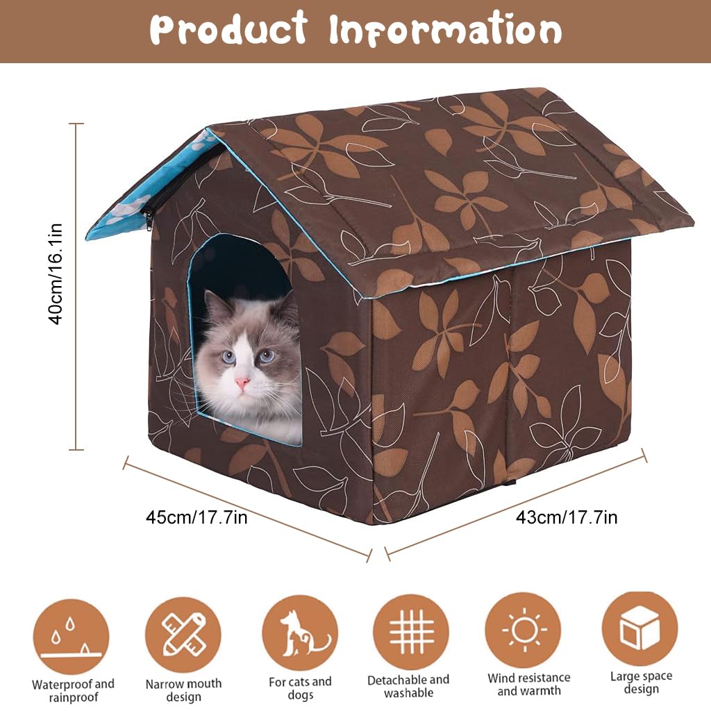 Qpets® Cat House, Pet Hut Indoor Outdoor Hide Cave with Detachable Roof Waterproof Cat House DIY Assembly Foldable Pet House Padded Warm Cat House Play House Winter Pet House, 45x43x40cm