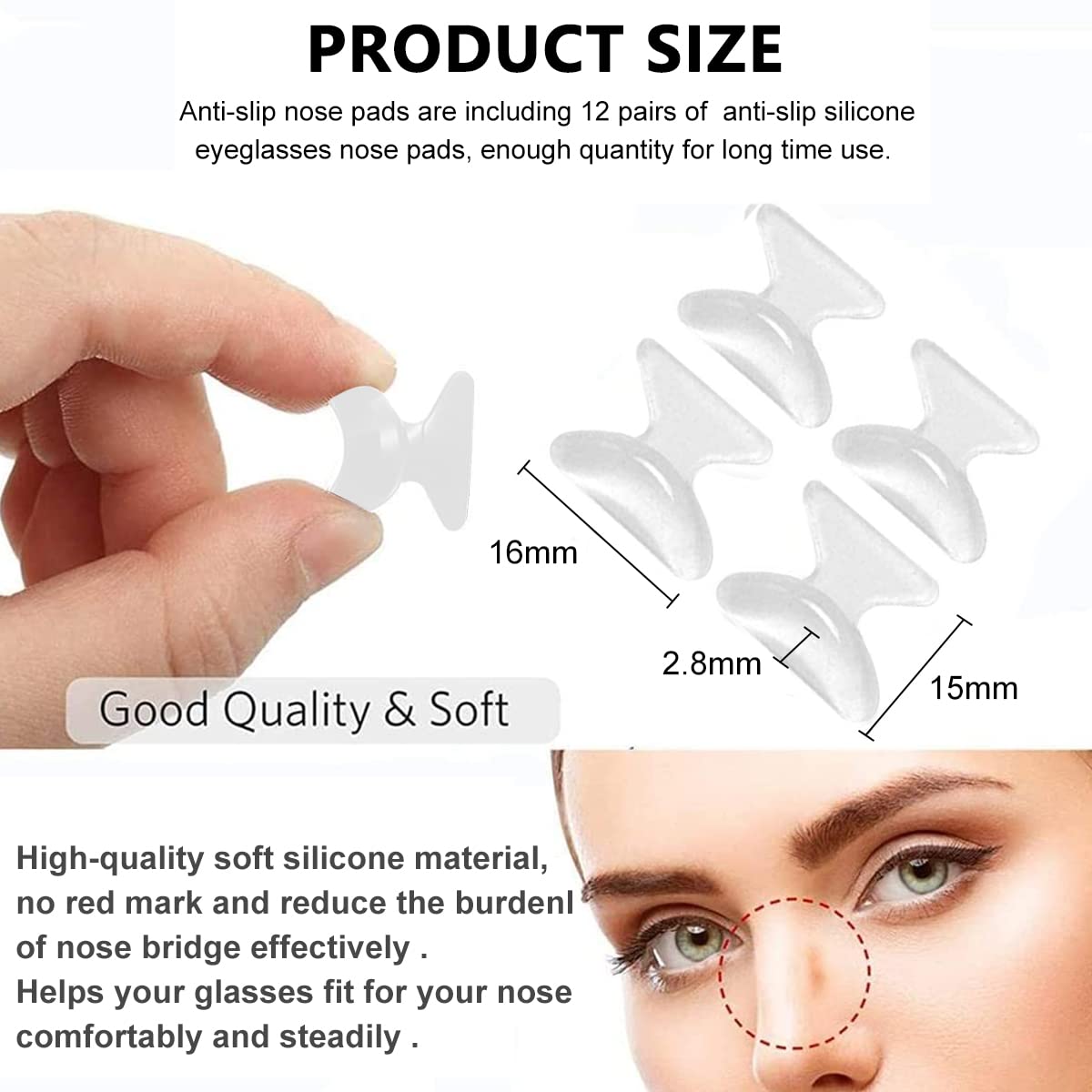 MAYCREATE® 12 Pairs Eyeglass Nose Pads, Anti-Slip Silicone Glasses Nose Support Pads Replacement, Anti-Slip Air Chamber Nose Pads for Full Plastic Frames, White