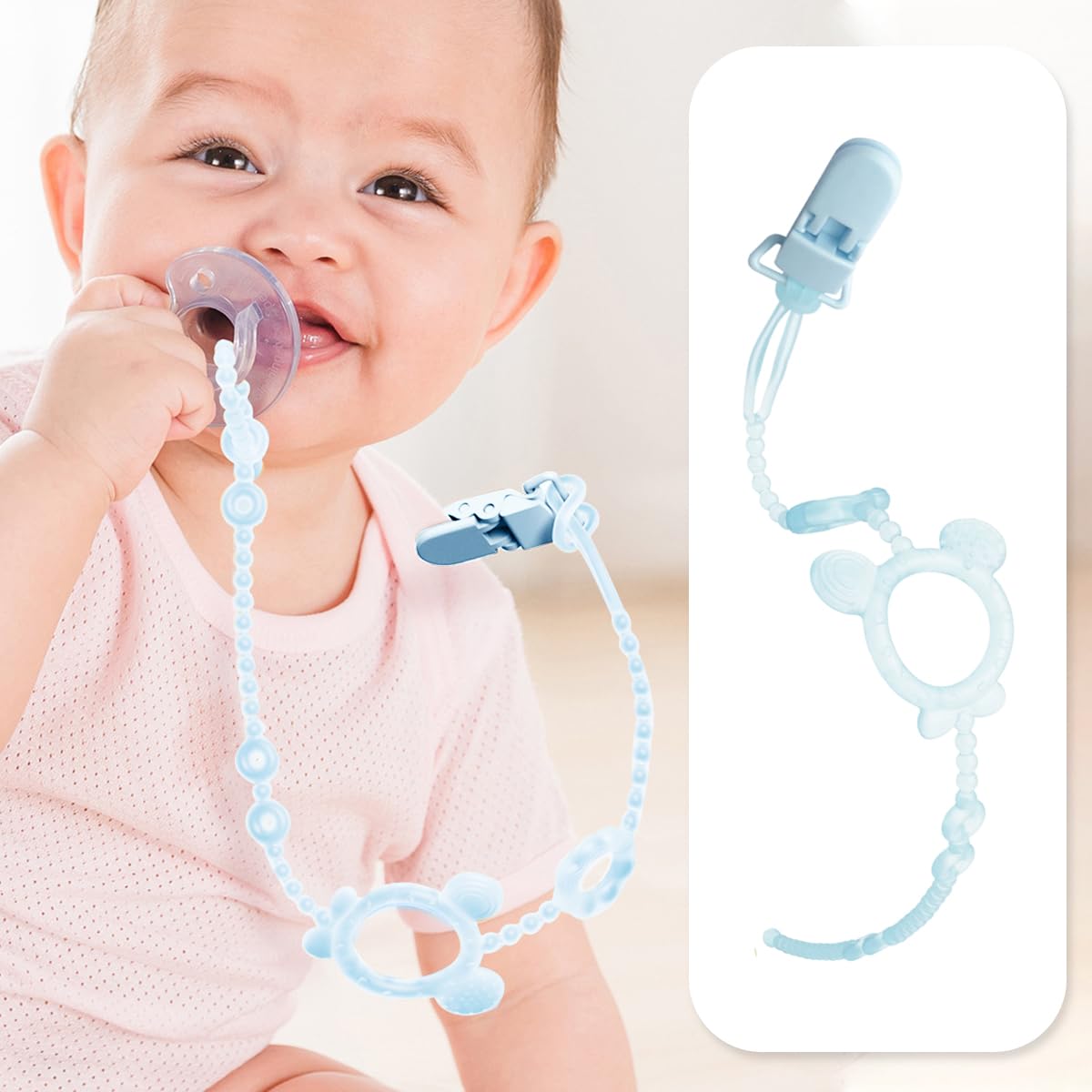 SNOWIE SOFT Pacifier Chain Set for Newborns with Clip Holder and Silicone Storage Case