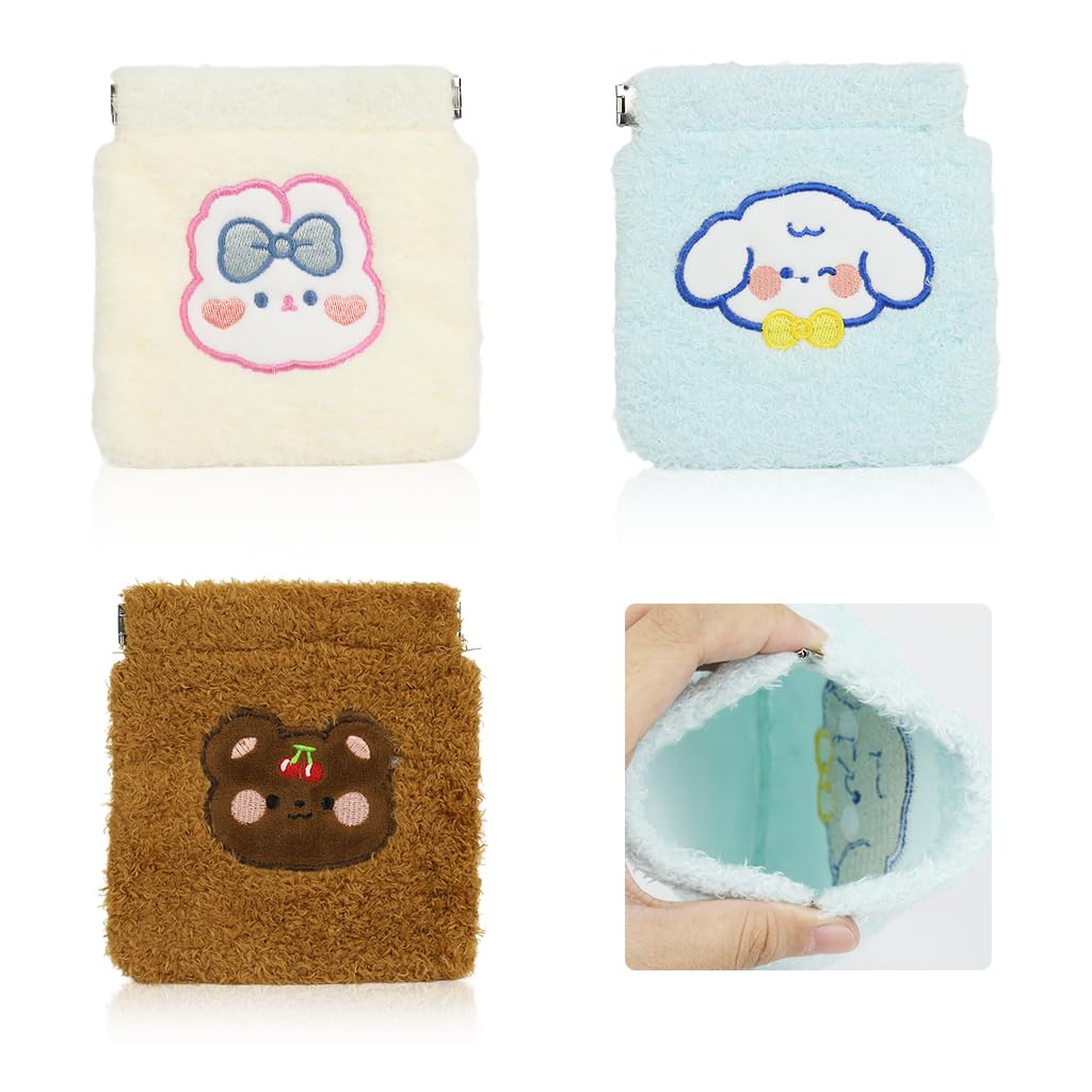 MAYCREATE Small Pouches for Women 3Pcs 5 in Set with Elastic Closure and Water Resistant Fabric | Cute Cartoon Design for Makeup Coins and Sanitary Pads