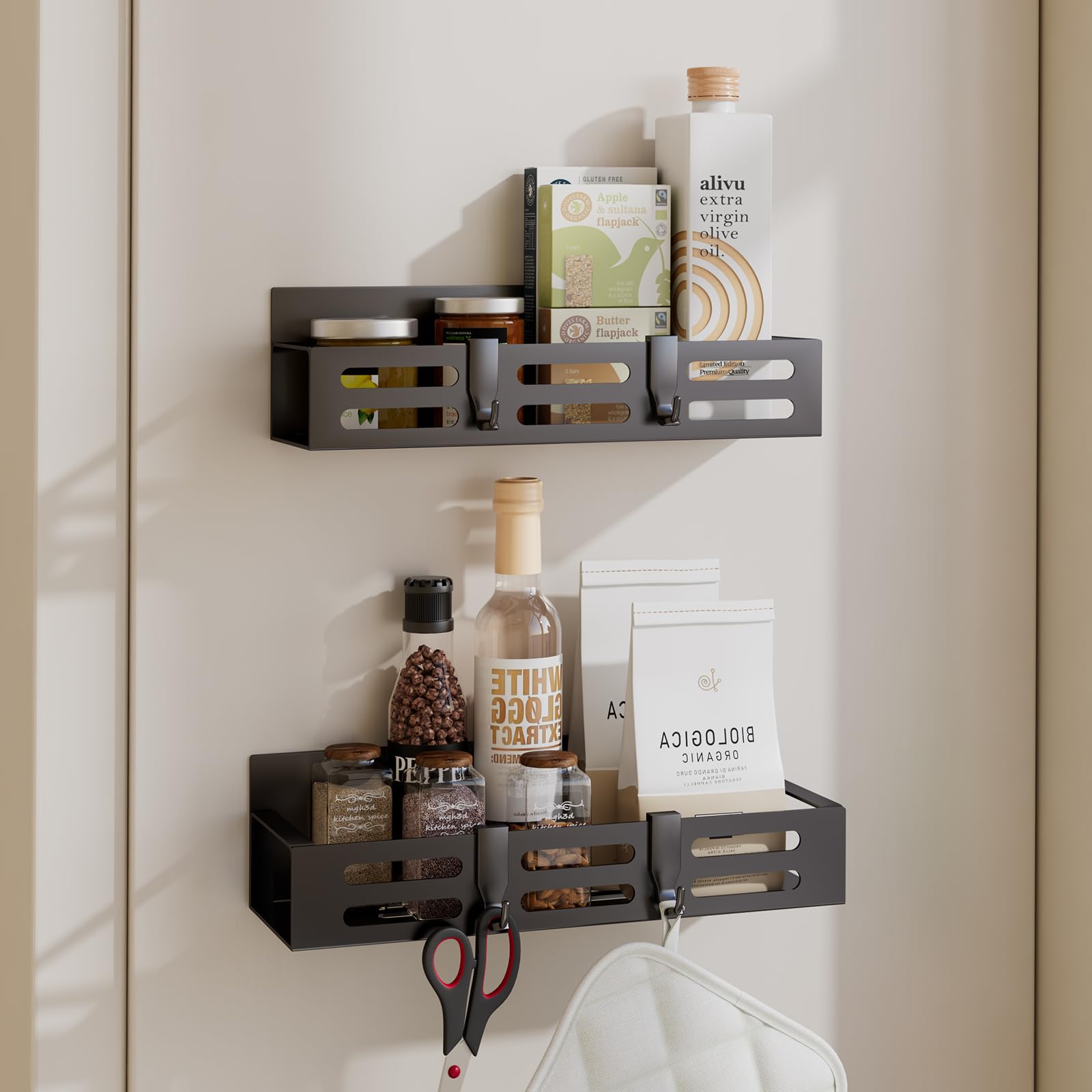 HASTHIP® 2 Pack Spice Rack for Refrigerator, Black Shelf and Fridge Kitchen Cabinet Organizers Storage Seasoning Organization Mini Shelves, Organizadores de Cocina