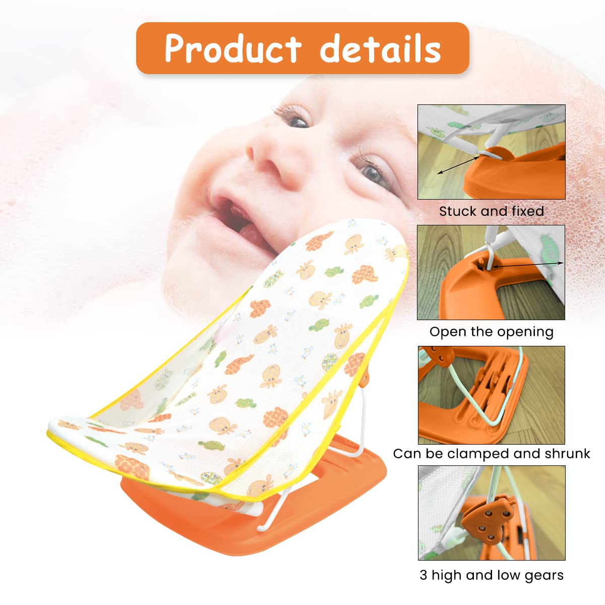 SNOWIE SOFT Baby Bath Chair for 0–2 Years with 3 Recline Heights and Soft Mesh Seat | Foldable Adjustable Bather