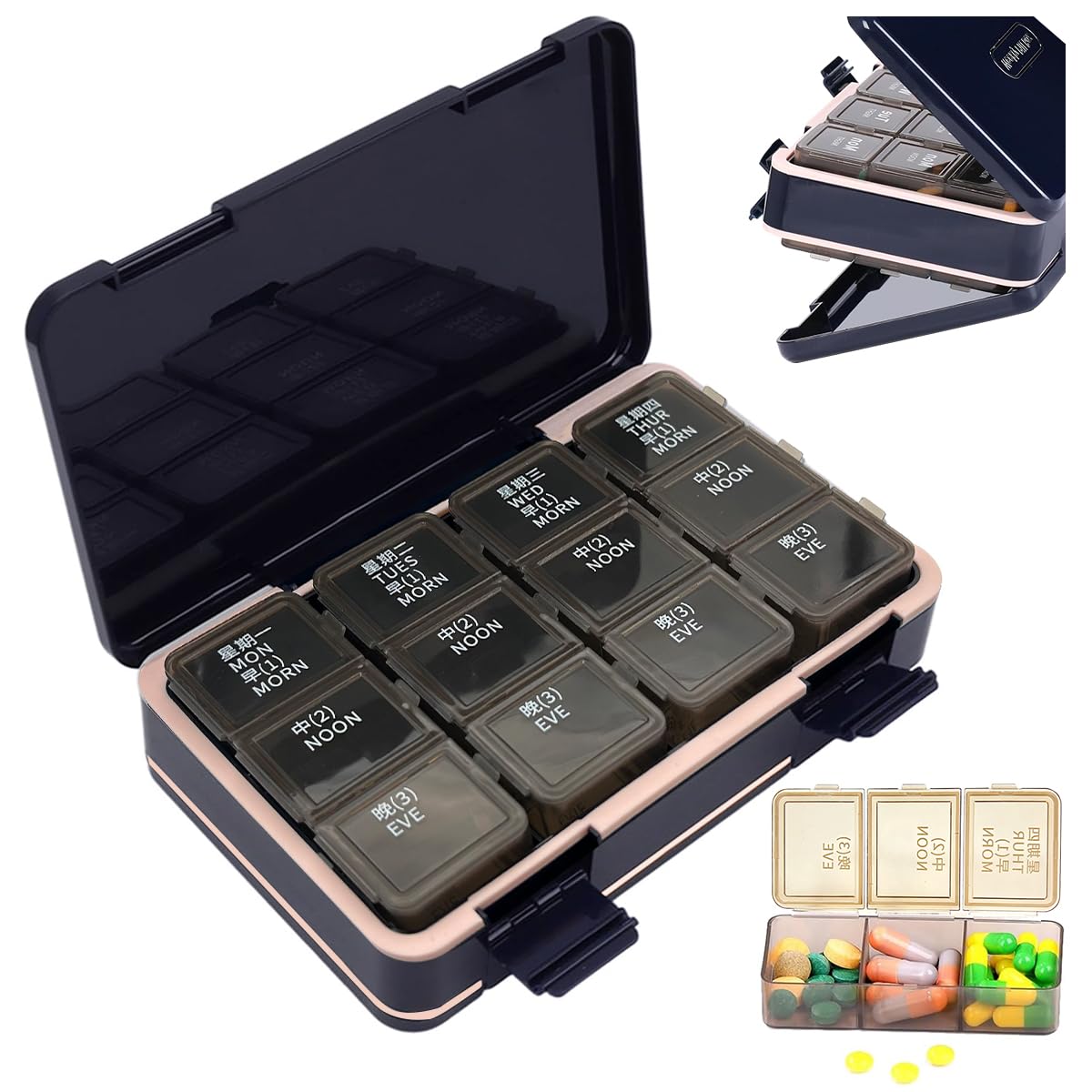 HANNEA Travel Pill Organizer Set for Daily Medication with 7 Compartments and Rotatable Date Reminder | Food Grade PET and Silicone Boxes