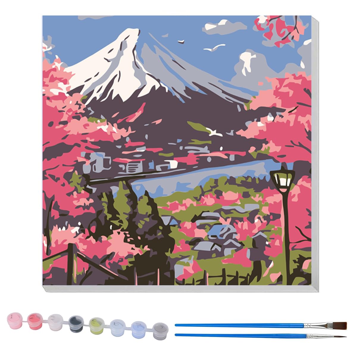 HASTHIP Paint by Numbers Kit for Adults and Kids with Brushes and Numbered Pigments 20x20cm | Mount Fuji Cherry Blossom Canvas Painting Set