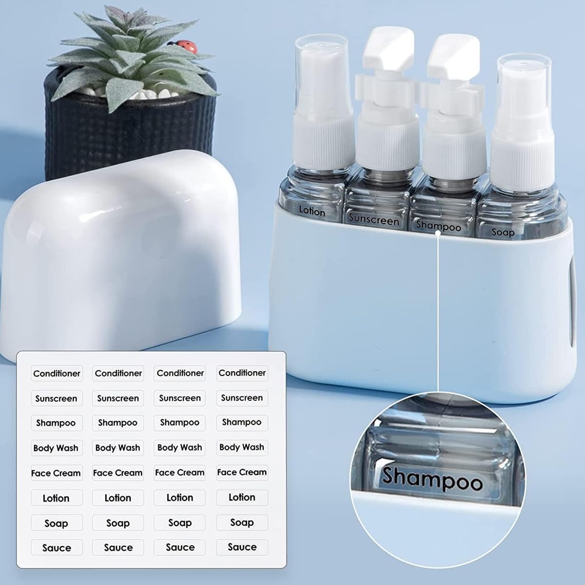 MAYCREATE Travel Bottles 4pcs 50ml Set for Toiletries with Leak Proof Lid and Storage Case | Blue Refillable PP Containers
