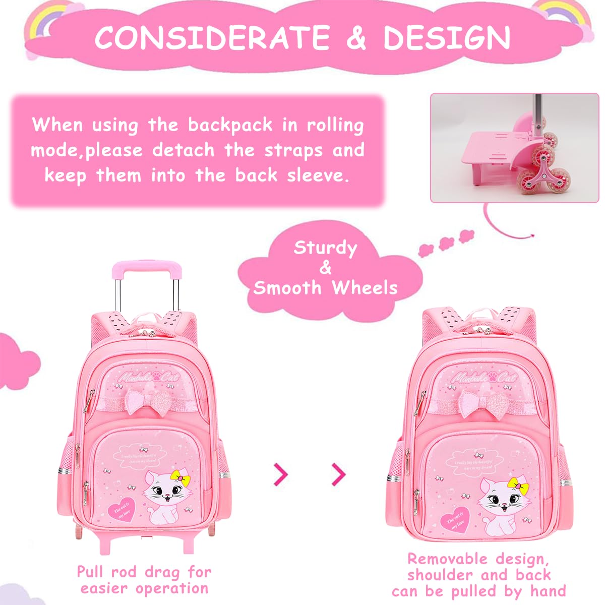 PALAY® School Backpack Girls School Backpack on Wheel Cute Cartoon Print School Backpack Detachable Wheel Stand with Puller School Gift Backpack for 6-12 Years Old