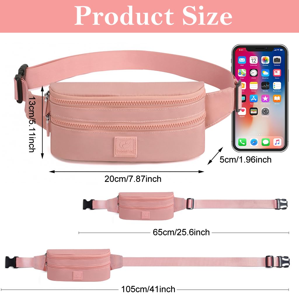 PALAY® Fashion Waist Bag for Women Double Layer Lightweight Nylon Waist Pack Chest Bag Phone Sling Bag Casual Waist Bag with Adjustable Waist Belt Design Jogging Item Bag Bum Bag, Pink, 24x5x12cm