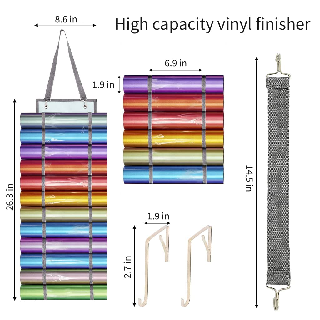 HASTHIP® Vinyl Roll Holder with 12 Compartments Wall Hanging, 2 Hooks and 1 Hanging Strap, Clear Vinyl Organizers Holder Wall Mount for Home Craft Closet Wall Door, 67cmX22cm (Grey)