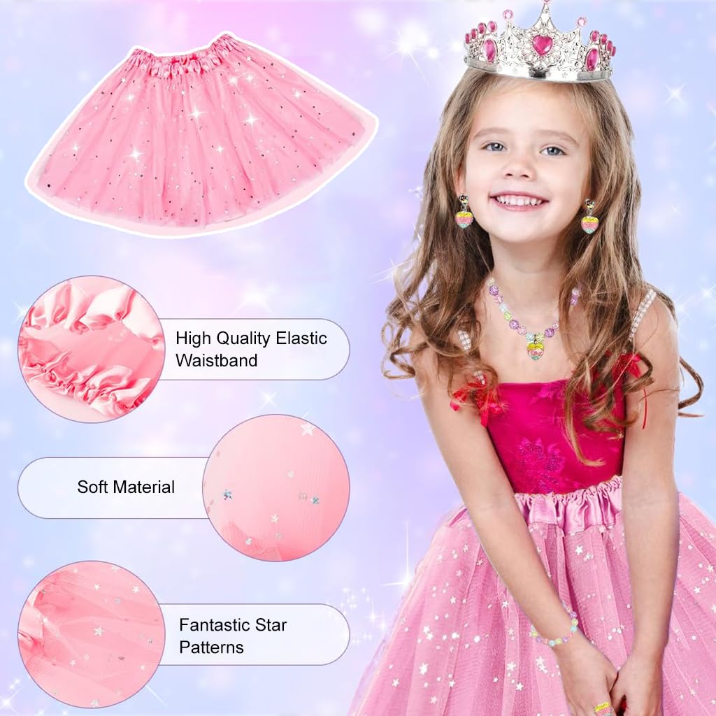 PATPAT® Princess Dress Up Costume for Girls Pink Dreamy Lace Cape Skirt with Beaded Jewelry, Fairy Wand, Gloves, Bag, Princess Cosplay Halloween Princess Dress Up Set Birthday Gift for 3-8 Years Old