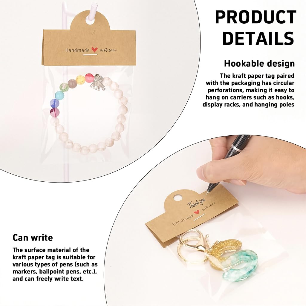 HASTHIP Jewellery Organiser Pouch Set for Rings and Necklaces with 100Pcs 8x10cm Clear Bags | Includes Brown Cardstock Handles for Display and Gifting