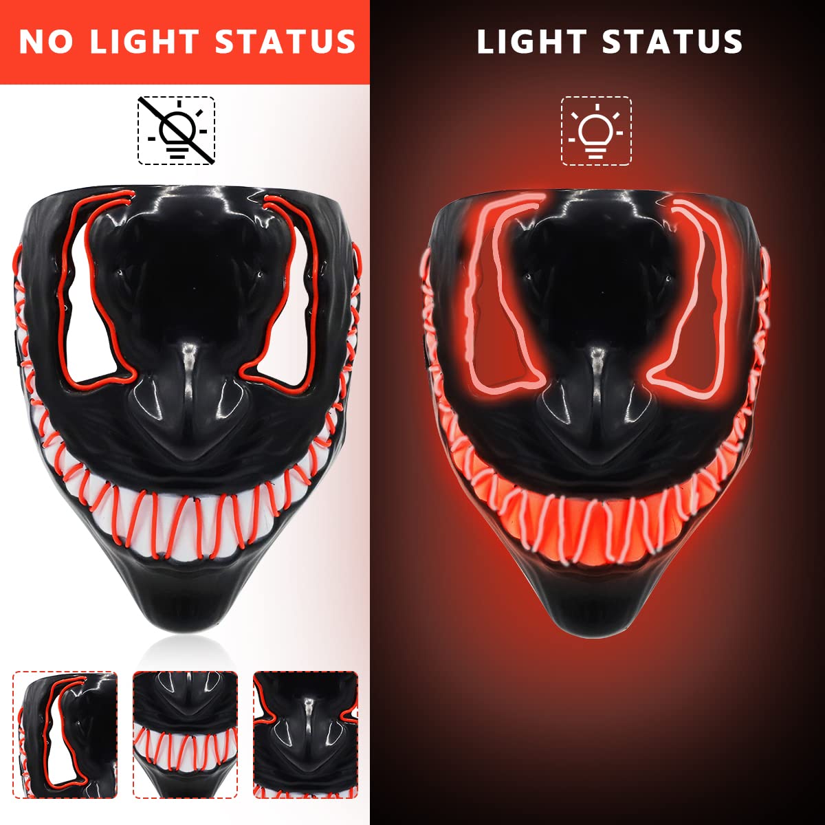 PATPAT LED Light Up Mask for Halloween Parties with 3 Modes and 19×22cm Fit | Red Glow