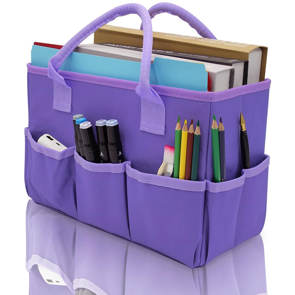 HASTHIP Art Supplies Organizer for Craft Storage with Multi Pockets and Handles 13x6x8.6 in | Oxford Fabric Purple Tote for Teachers and Artists