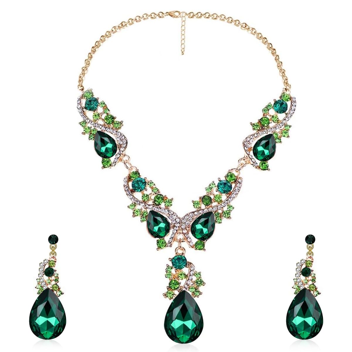 Venzina® Green Rhinestone Necklace & Earrings Set Luxury Dazzling Jewelry Set Glamorous Jewelry Necklace Earrings for Women Gowns, V Neck Dress, Evening Dresses