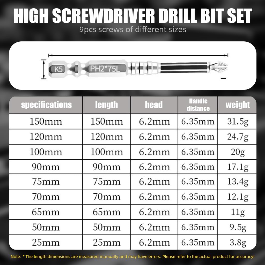 Serplex Electric Screwdriver Drill Bit Set 9 Pcs with Magnetic Phillips Head and Anti Slip Design