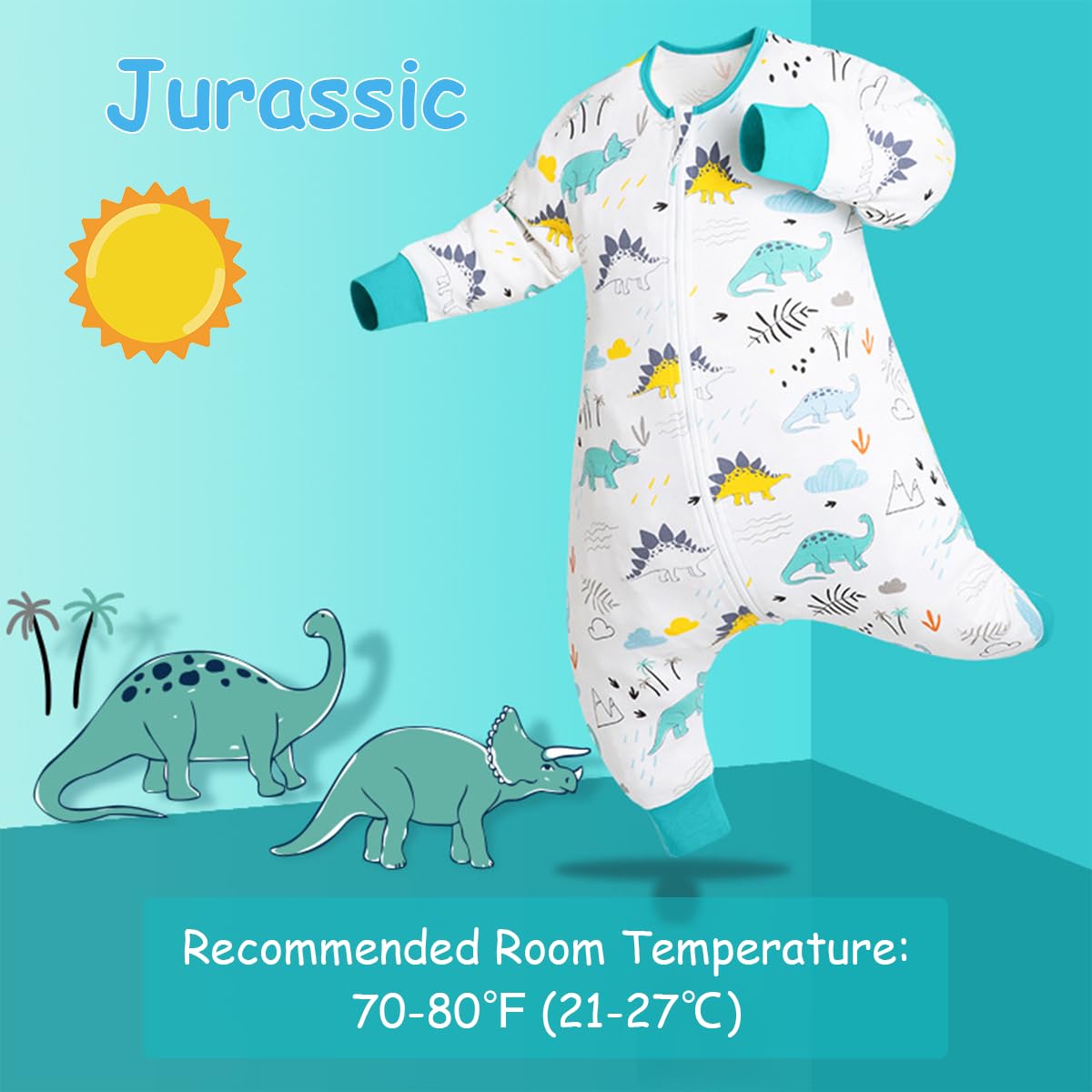 SNOWIE SOFT® Baby Sleepsuits Sleeping Bag with Feet 0.5 TOG Wearable Blanket Baby with Long Sleeve Sleep Sack for Infant Toddler 100% Cotton Walking Sleeping Pajamas for Girl Boy 6-18 Months Dinosaur