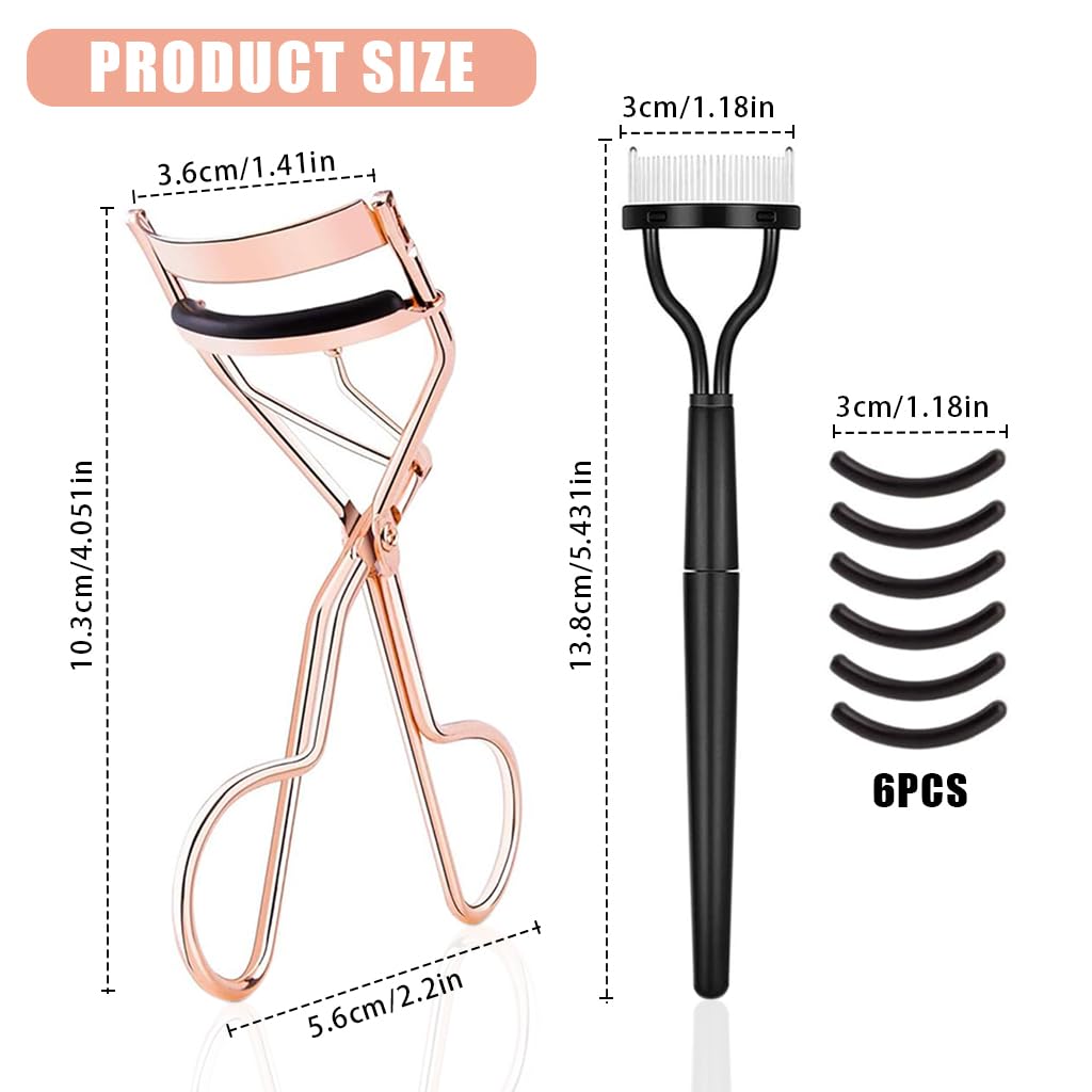 MAYCREATE Eyelash Curler Kit for Women with 6 Refill Pads and Ergonomic Metal Design | Includes Folding Lash Comb