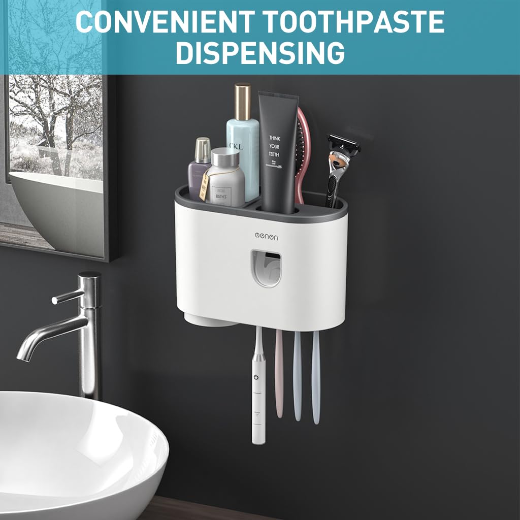 ZIBUYU Toothbrush Holder for Bathroom with Toothpaste Dispenser and Single Cup | 3 in 1 Wall Mounted Organizer 2PCS