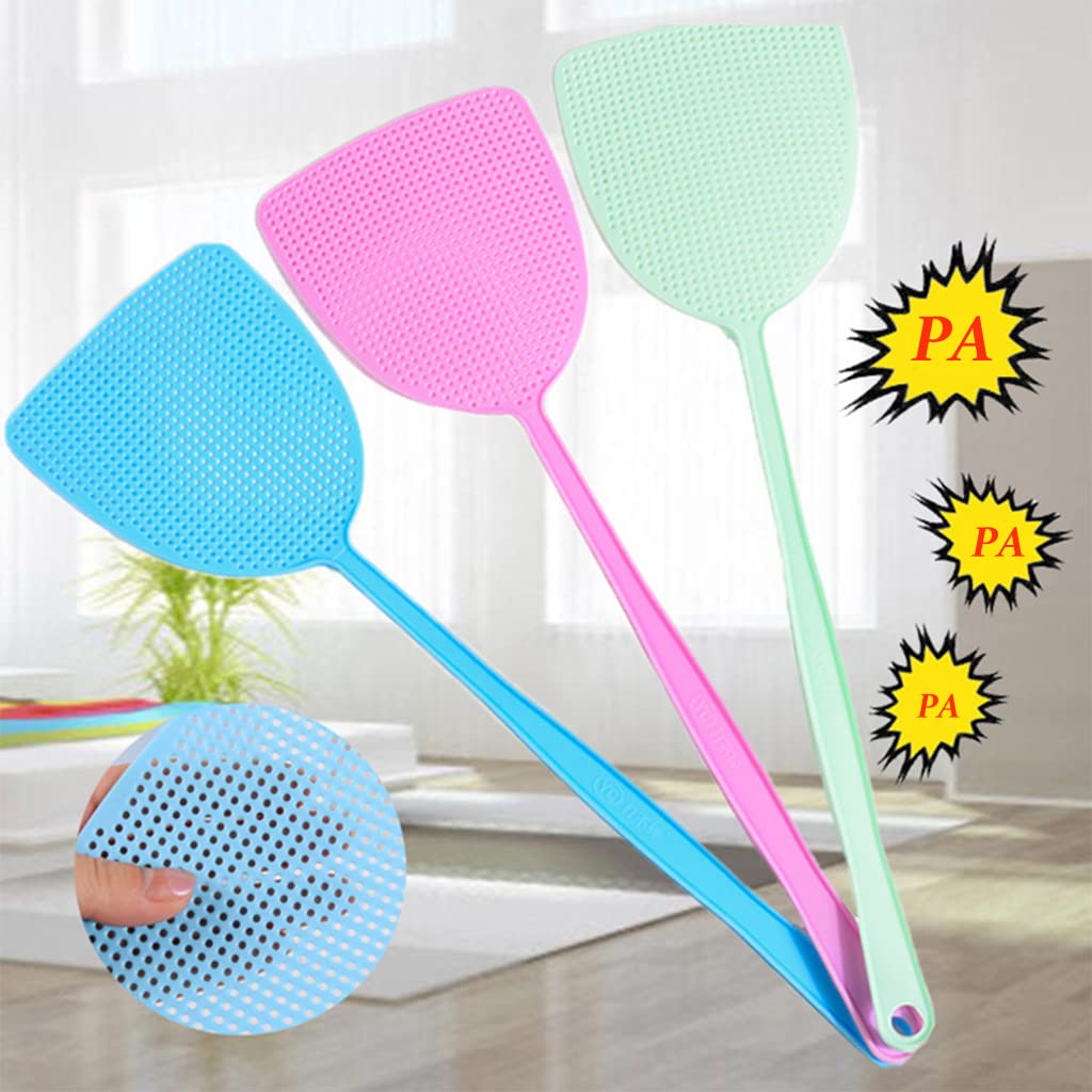Supvox Fly Swatters for Indoor and Outdoor Use with 17.5 in Long Handle Grid Design | 3 Color PP Plastic Pack