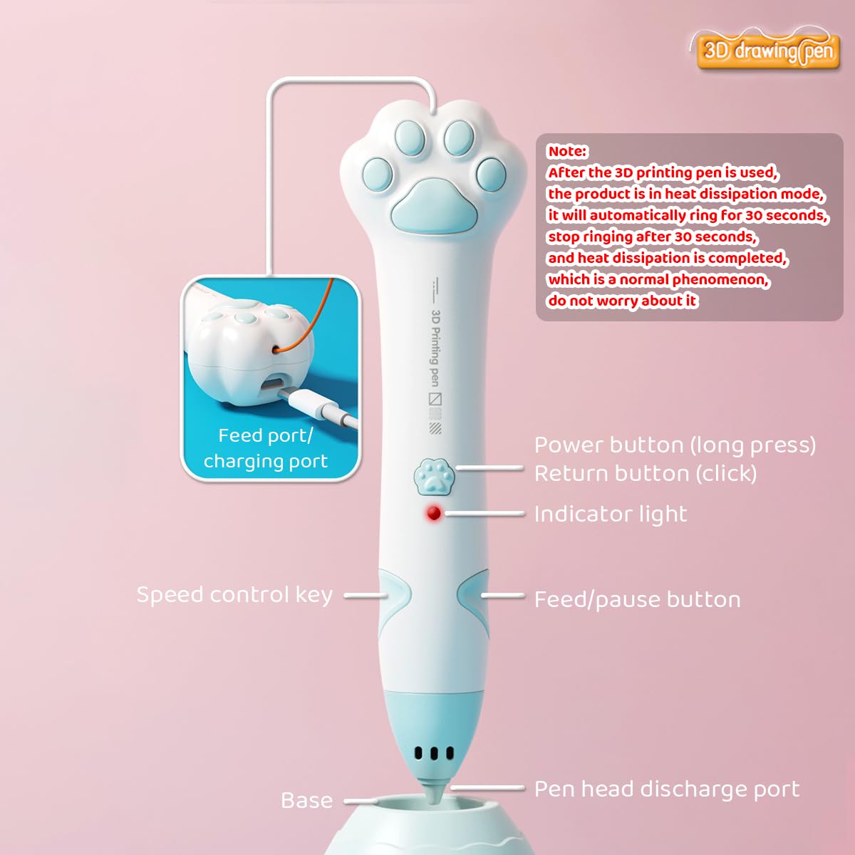 PATPAT 3D Pen for Kids with 20m Color Filament and USB Rechargeable Cat Paw Design | Educational Drawing Toy