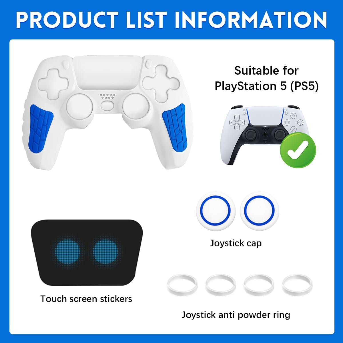 ZORBES PS5 Controller Case for DualSense featuring Precise Cutouts and 2 Grip Caps | White Blue 3PCS