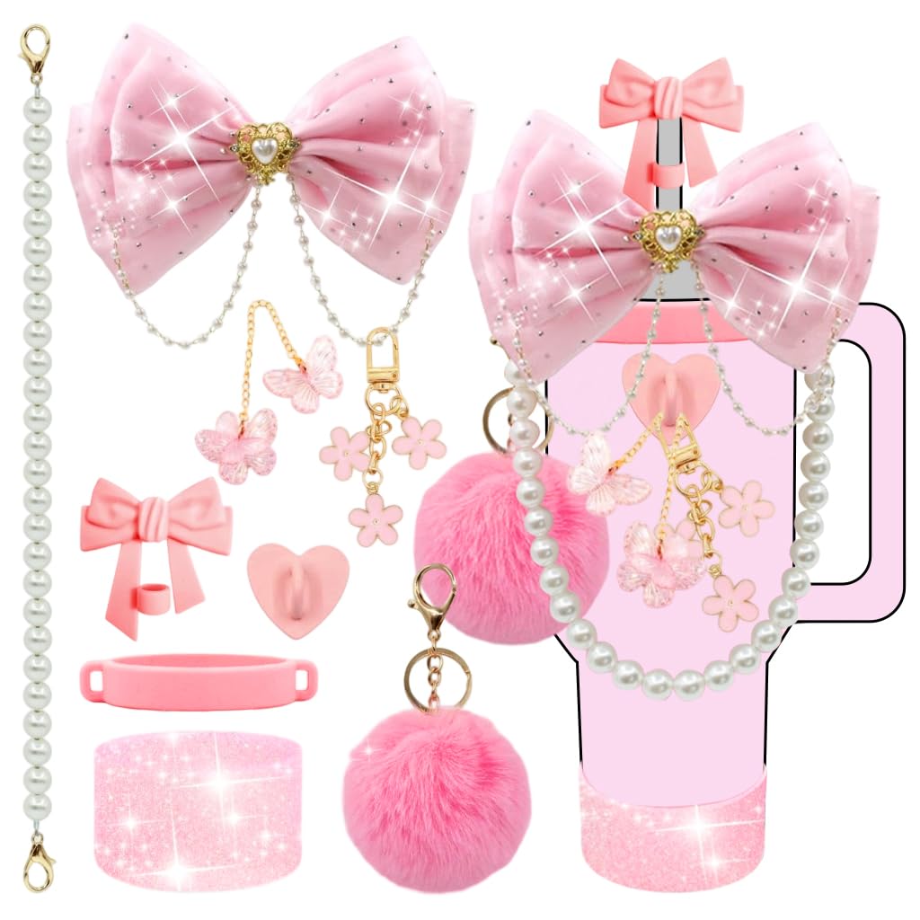 HASTHIP Stanley Cup Accessories for Women featuring 9Pcs Pink Bow and Beaded Lanyard Set