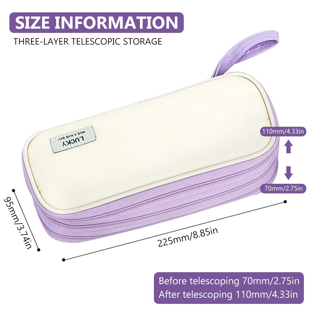 Climberty Large Capacity Pencil Case, Foldable Design Canvas Pencil Pouch with Zipper Compartments & Handle, 3 Layers of Storage 3 Zippers, Aesthetic Pencil Case for Girls Adults Studen (Purple)