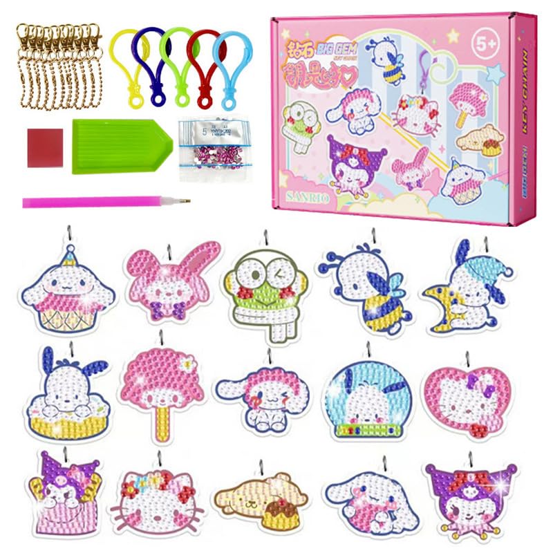 PATPAT® Diamond Art for Kids 15 Pcs DIY Diamond Painting Cartoon Keyrings Set, Painting by Number Gem Keychains Craft Kits for Kids Ages 6-12