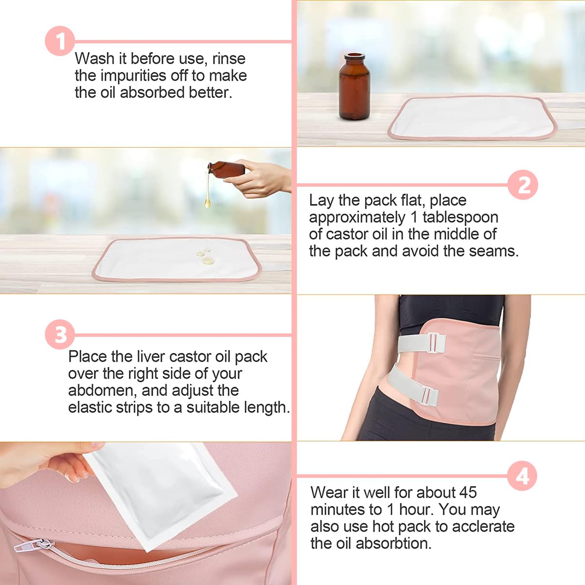 HANNEA® Castor Oil Pack, Oil Pack Wrap for Liver Detox, Reusable & Highly Absorbent Caster Oil Packs Cotton Flannel with Elastic Strap, Pink