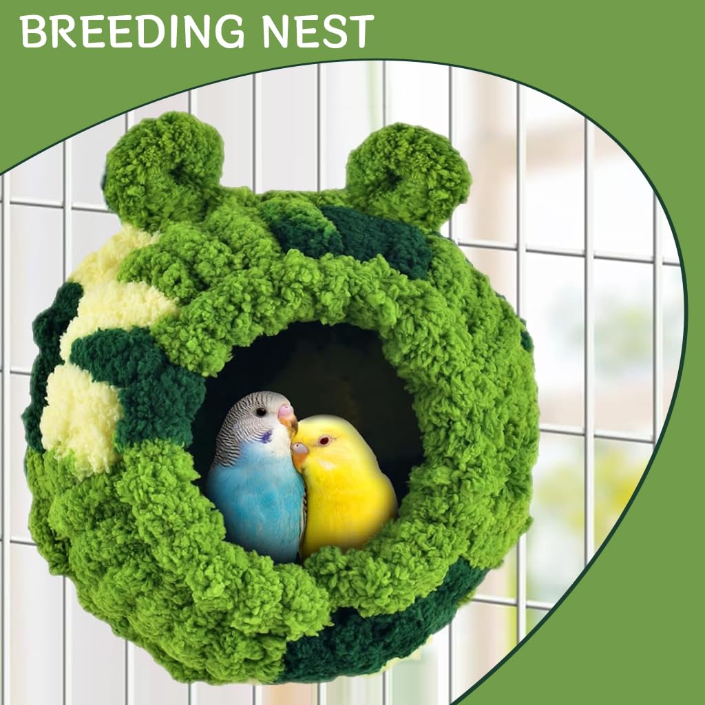 Qpets® Parrots Nest for Cage, Cute Green Plush Warm Birds Nest Winter Birds Nest Screw Mounting Birds Winter Soft Plush Parrots Nest for Cage Washable Birds Nest for Parrots, Cockatoo, (21x19x21CM)