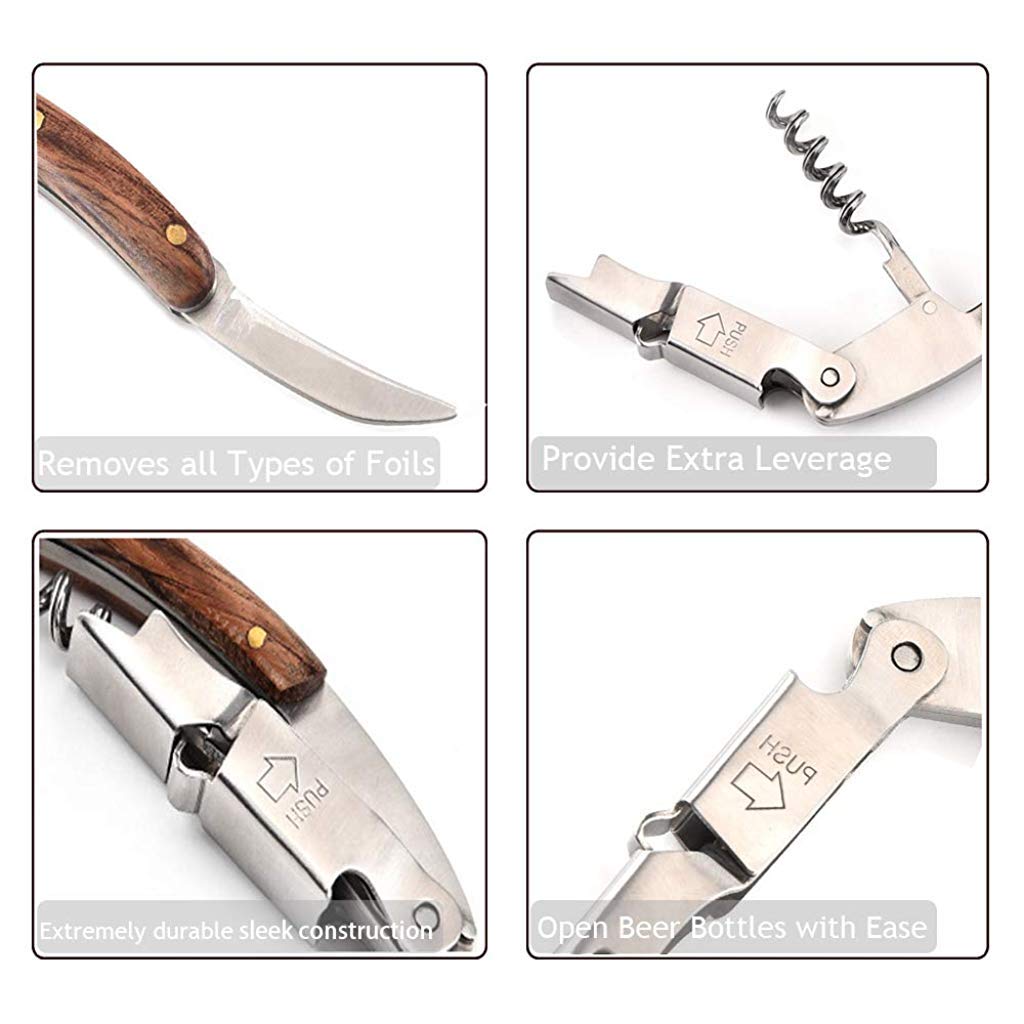 HASTHIP® Professional Waiters Corkscrew Open Beer Wine Bottles Made of Stainless Steel Natural Rosewood 3 PCS