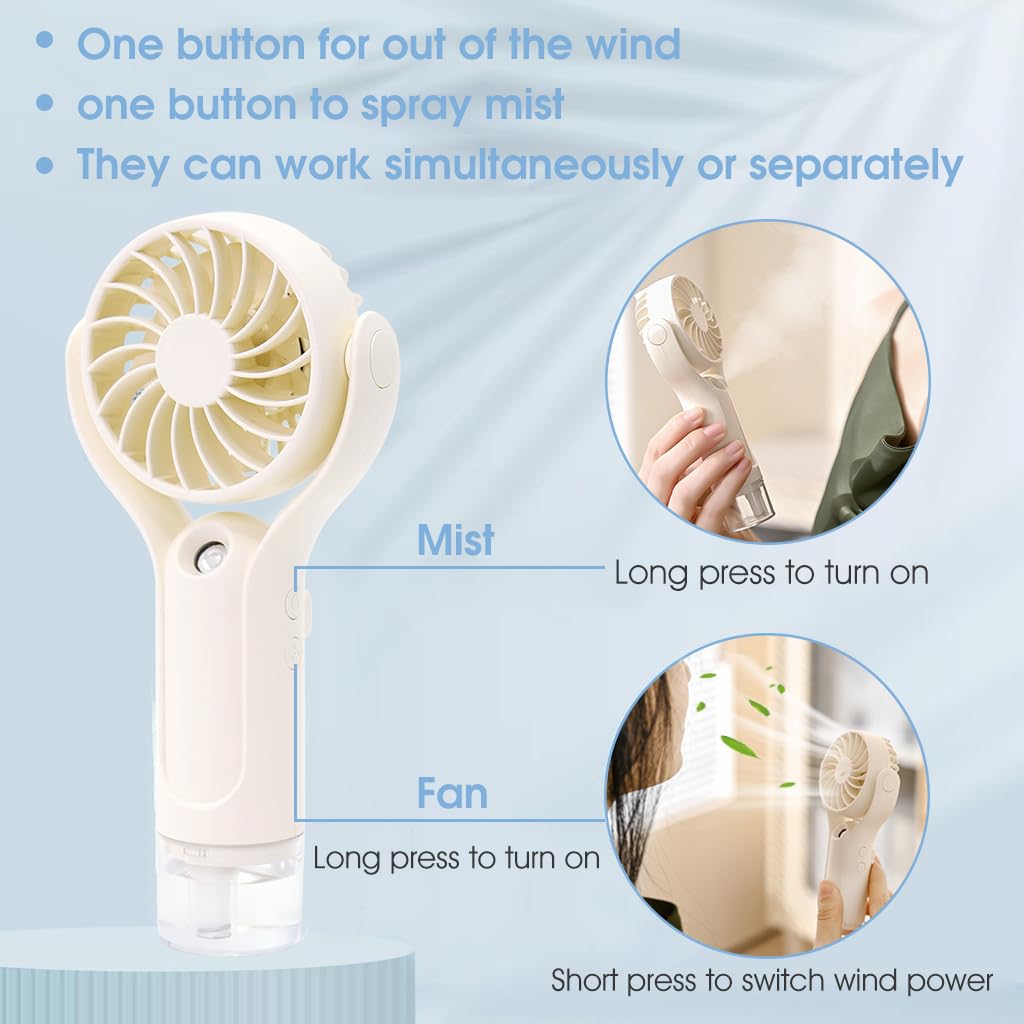 ZIBUYU Portable Fan, Hand Fan, with Mist Sprayer 2 In 1 Travel USB Mini Fan Desk Fan with 3 Speeds, hand fan rechargeable for Hot Summer  Ideal for Home, Office, Kitchen & Travel Use(1000mAh)