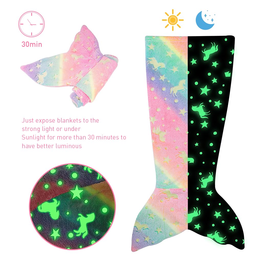 SNOWIE SOFT Mermaid Tail Blanket for Kids 17x39 in featuring Glow in the Dark Flannel | Cozy Gift for Girls