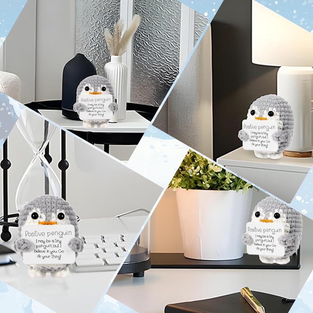 ZIBUYU Handmade Crochet Penguin Desk Decor with Positive Message Card for Office or Home | 2PCS Grey Set