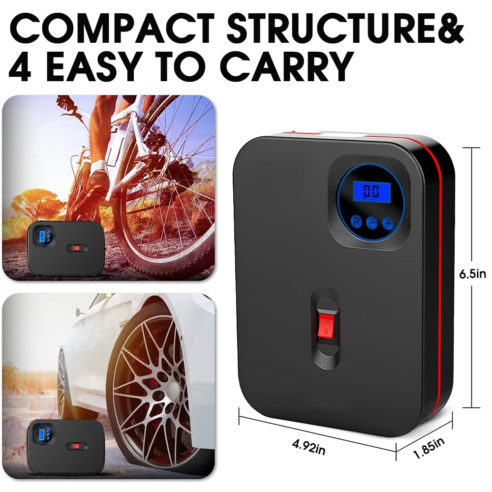 STHIRA Portable Air Compressor Tire Inflator for Cars with 17mm Metal Cylinder and Auto Shut Off | 150PSI Digital Gauge and LED Light