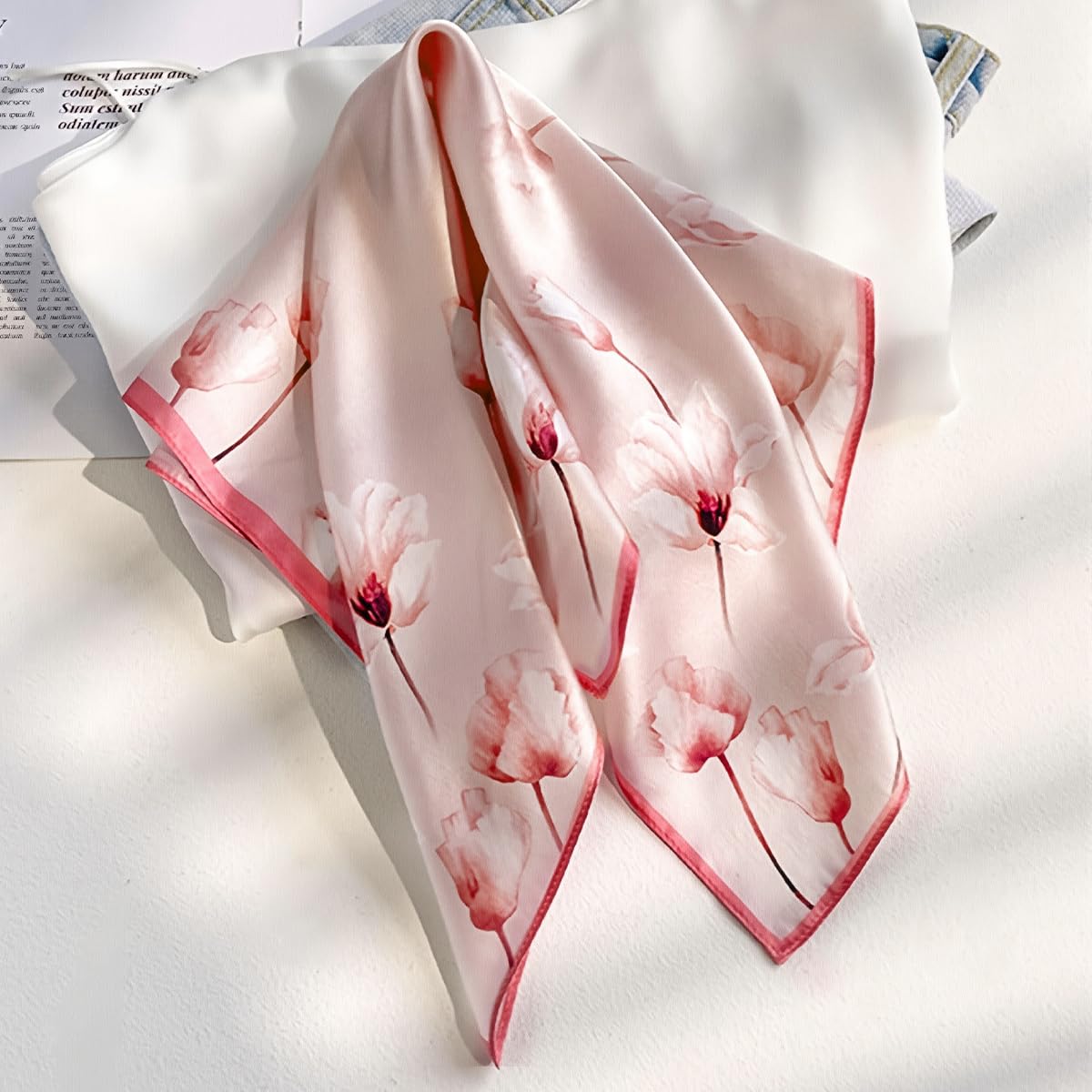 SANNIDHI Silk Scarf for Women featuring Pink Lotus Design with Soft Satin Fabric | Versatile Neck Hair and Bag Accessory