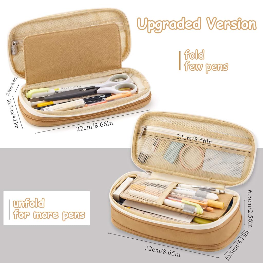 HASTHIP Pencil Case for Students with Double Zippers and 21.5×10×7cm Expandable Storage | Nylon Khaki Pouch