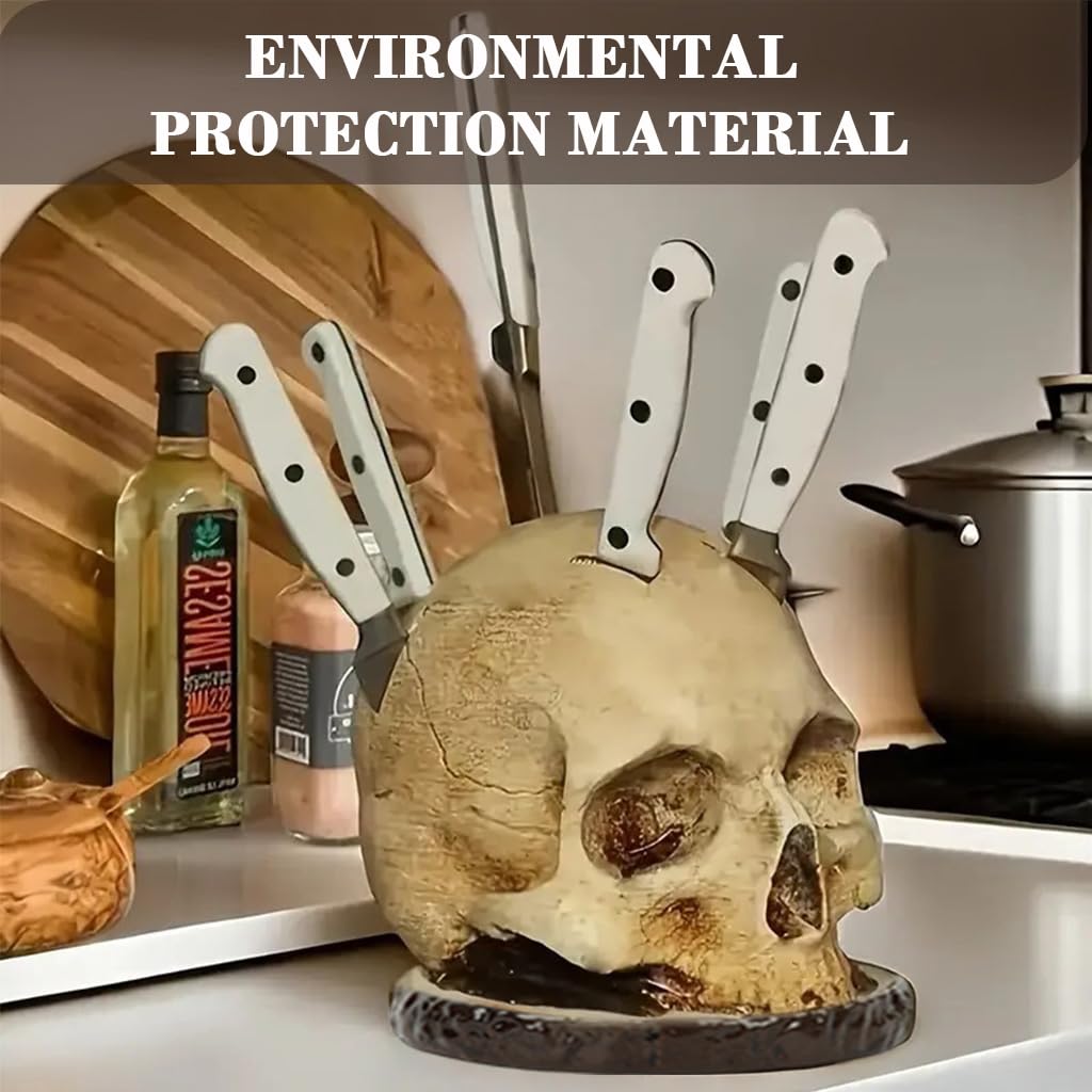 Supvox Skull Shaped Blades Holder for Kitchen and Halloween Decor with 7 Slots | Wooden Base