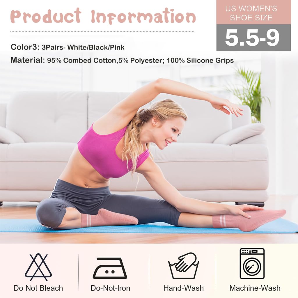 Zibuyu Socks for Women with Anti Slip Silicone Nubs and Breathable Cotton | 3 Pairs for Yoga and Gym Workouts