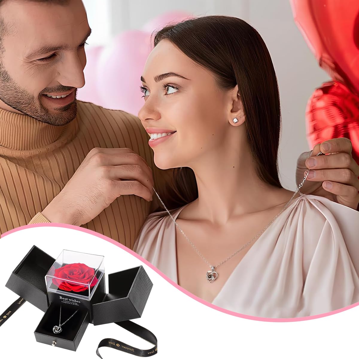 HASTHIP Rose Flower Necklace Gift Set for Valentine’s Day with I Love U Projection | Silver-Plated Preserved Eternal Rose for Women